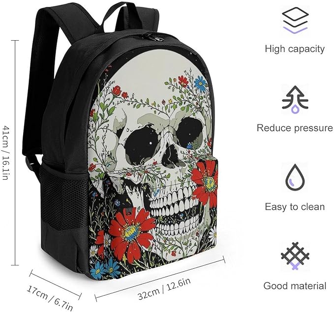 Supdreamc Adults Lightweight Psychedelic Skull Skeleton Floral Art Rucksacks Large Capacity Bookbag With Adjustable Shoulder Straps for Trekking Outdoors Bicycle