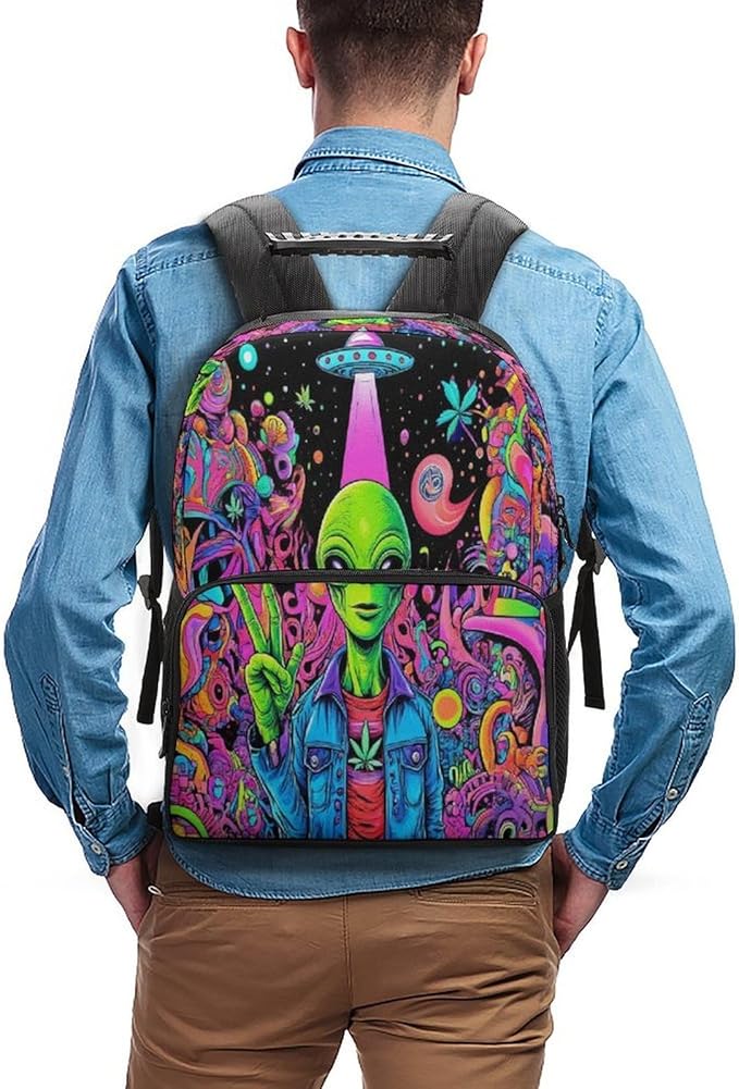 Men Women Lightweight Trippy Alien Ufo Art Backpack Large Capacity Bookbag With Smooth Zippers for Gym Business Running