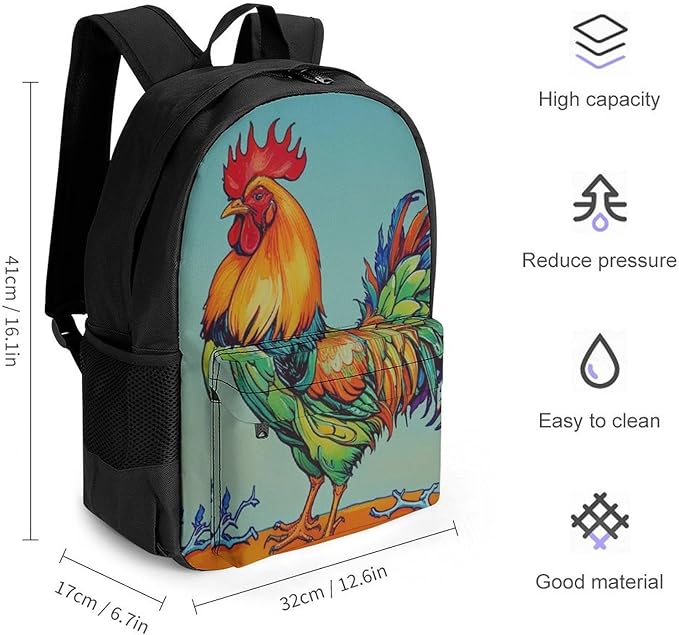 Daypack Polyester Anti-Theft Multipurpose Rooster Cock Art Bookbag Big Capacity Gym Outdoor Hiking Backpack With Adjustable Shoulder Straps