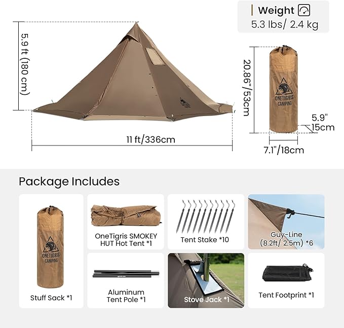 OneTigris Smokey HUT Hot Tent with Stove Jack, Ultralight 4 Season Tipi Tent with Snow Skirt & Detachable Floor for Camping, Hiking, Bushcraft, Backpacking