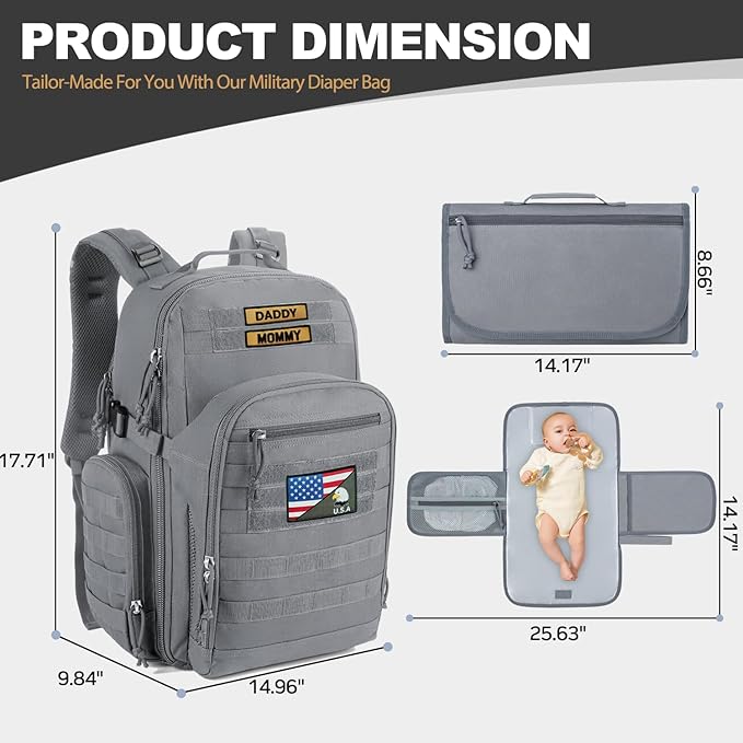 MIRACOL Dad Diaper Bag Military - Tactical Baby Backpack with Changing Pad for Outdoor Baby Care - Water-Resistant Fabric & MOLLE System Ideal for Travel Hiking Parks Grey