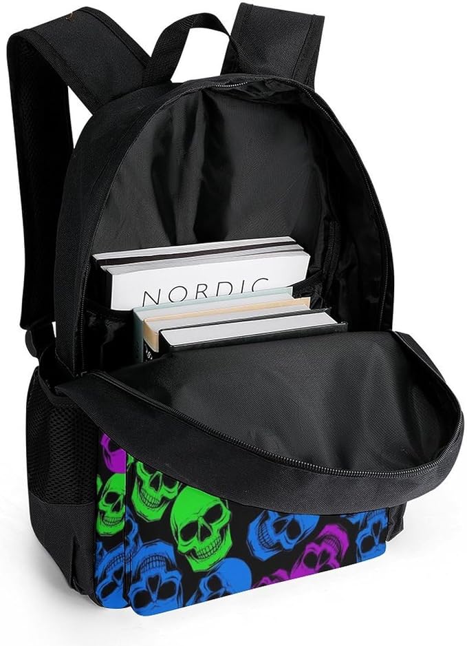 Women Men Polyester Funny Goth Skull Art Casual Daypack Large Capacity Bookbag With Side Pockets for Sports Picnic Walking Cycling