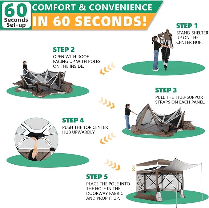 COBIZI Pop Up Gazebo Screen Tent Screen House for Camping, 12x12 Screen Room with Mosquito Netting, Hub Tent Instant Screened Canopy with Carrying Bag and Ground Stakes, Brown