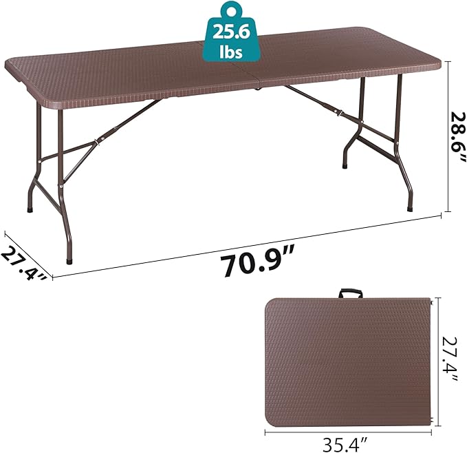 SUPER DEAL 6FT Folding Table for Indoor Outdoor, Portable Heavy Duty Fold-in-Half Plastic Dining Picnic Party Camping Table with Carrying Handle, Brown