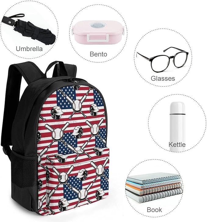 Daypack Backpack Anti-Theft Multipurpose Large Capacity Carry On Bag, Vintage Baseball American Flag Traveling Camping Backpack With Side Pockets