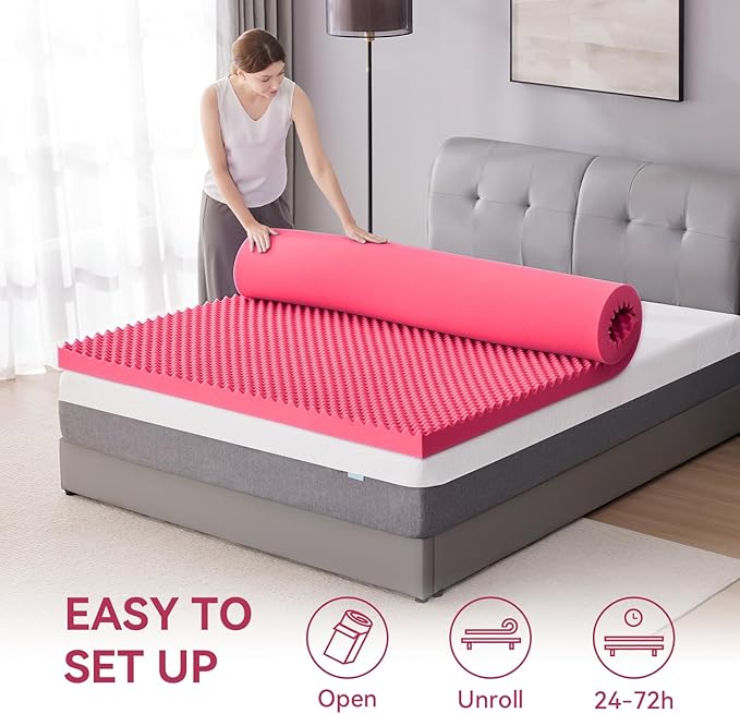 SINWEEK 3 Inch Egg Crate Memory Foam Mattress Topper Twin XL, Twin Extra Long Mattress Pads for College Dorm Single Bed, Pressure Relieve CertiPUR-US Certified,39x80 Inches, Pink