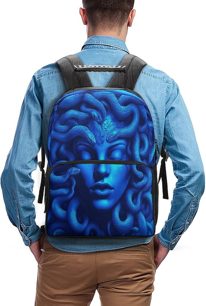 Polyester Daypack Bookbag for Gym Business Bicycle, Large Capacity Multipurpose Anti-Theft Carry On Bag, Greek Goddess Snake Queen Medusa Art Blue Travel Hiking Daypack