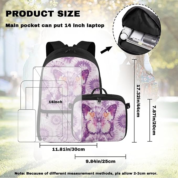 HUGS IDEA Purple Butterfly Backpack for School Girls Bookbag and Lunch Box for Kids 17 Inch Backpack Purse for Elementary Children Lightweight School Bookbag for Students