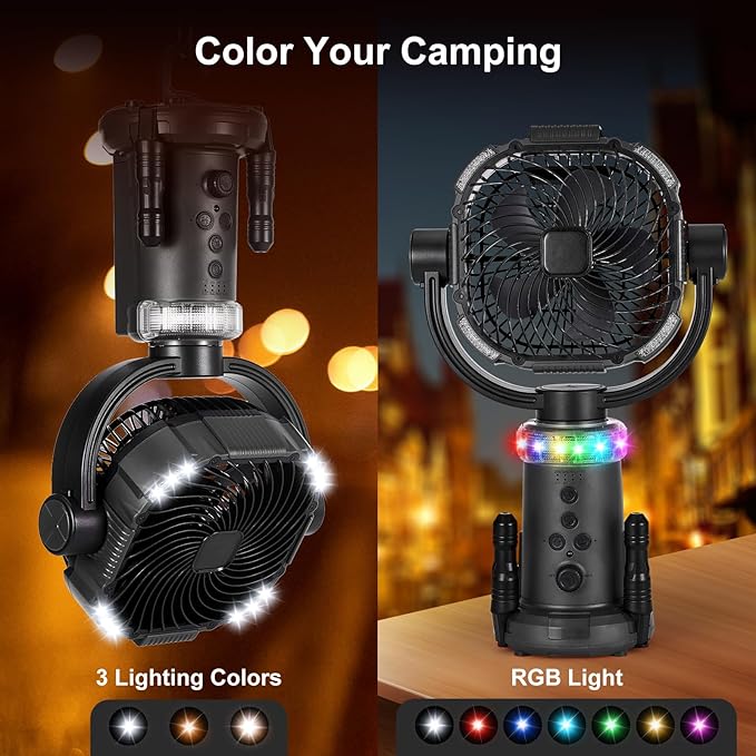 Odoland 20000mAh Camping Fan with Lantern, 360° Oscillation Rechargeable Battery Operated Outdoor Power Fan with Remote, Hook ＆ RGB Light for Camp, Family Travel and Jobsite, Black