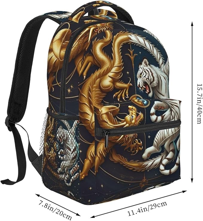 Daypack Backpack Multipurpose Anti-Theft Large Capacity Bookbag, Yin Yang Gold Dragon White Tiger Art Travel Hiking Camping Rucksack With Adjustable Shoulder Straps