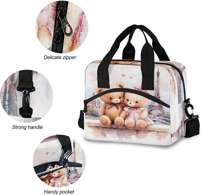 ALAZA Bear Bow Eiffel Tower Lunch Box for Men Women Adults Insulated Lunch Bag Cooler Bag with Adjustable Shoulder Strap for Work Picnic Travel