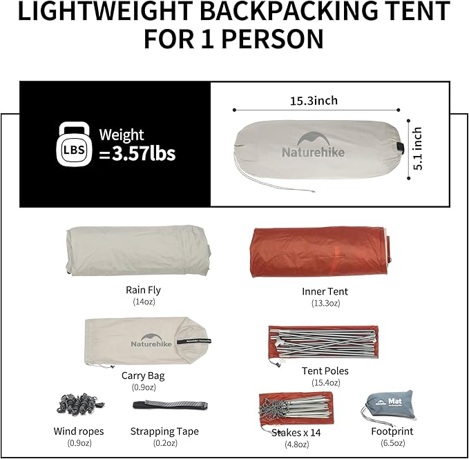 Naturehike Cloud Up 1 Person Tent, Lightweight Backpacking Tents for One Man, Waterproof Ultralight One Person Tent for Camping Hiking Backpacking