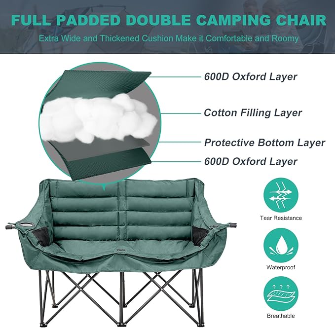 DoCred Double Camping Chair - Oversized Loveseat, 2 Person Camping Chair for Adults Heavy Duty,Two Person Folding Chair with Cup Holder, Supports up to 500 LBS for Outside Picnic Beach Travel