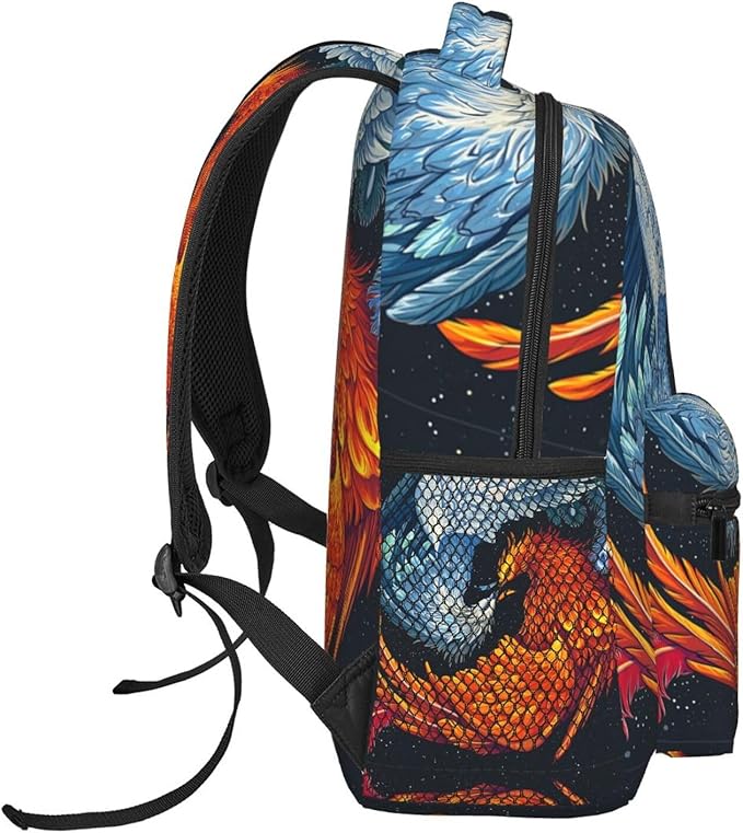 Rucksack Anti-Theft Multipurpose Big Capacity Carry On Bag, Ice Water Fire Flame Phoenix Bird Art Traveling Camping Backpack With Side Pockets