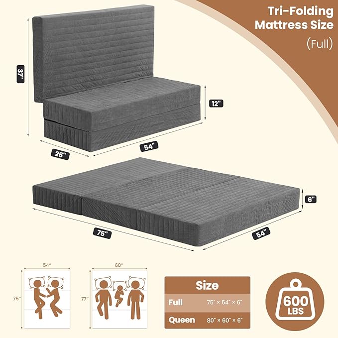 6-Inch Tri-Fold Mattress Full Size, Covertible Bed Floor Futon Mattress with Handles & Non-Slip Bottom, Foldable Mattress with Removable Tufted for Guest, Camping, Dorm