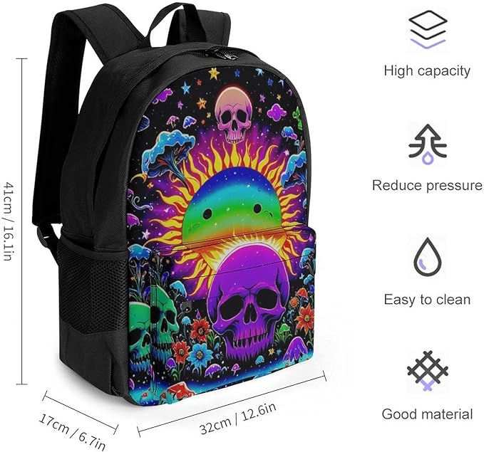 Supdreamc Rucksack Polyester Anti-Theft Multipurpose Psychedelic Skull Sun And Moon Neon Art Carry On Bag Large Capacity Travel and Sport Backpack Rucksack With Smooth Zippers