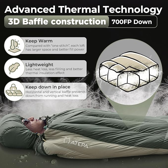 ATEPA 0 Degree Sleeping Bag, 700FP 23℉ / 30.2℉ Down Mummy Cold Weather Double Lightweight Wide XL Sleeping Bags with Compression Sack for Camping Backpacking Hiking