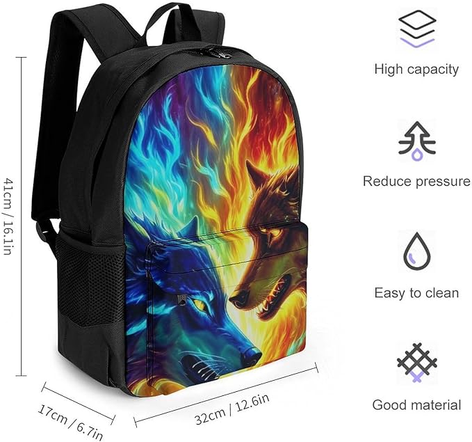 Supdreamc Men Women Polyester Ice And Fire Flaming Cool Wolf Daypack Big Capacity Shoulder Bag With Smooth Zippers for Hiking Work Walking Cycling
