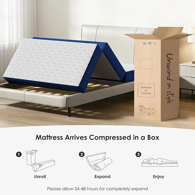 sogesfurniture Twin Size Tri-Fold Mattress，6 inch Folding Mat with Memory Foam & Cooling Gel for Travel & Camping & Yoga, Cover Washable Foldable Mat, CertiPUR-US Certified，White and Bliue