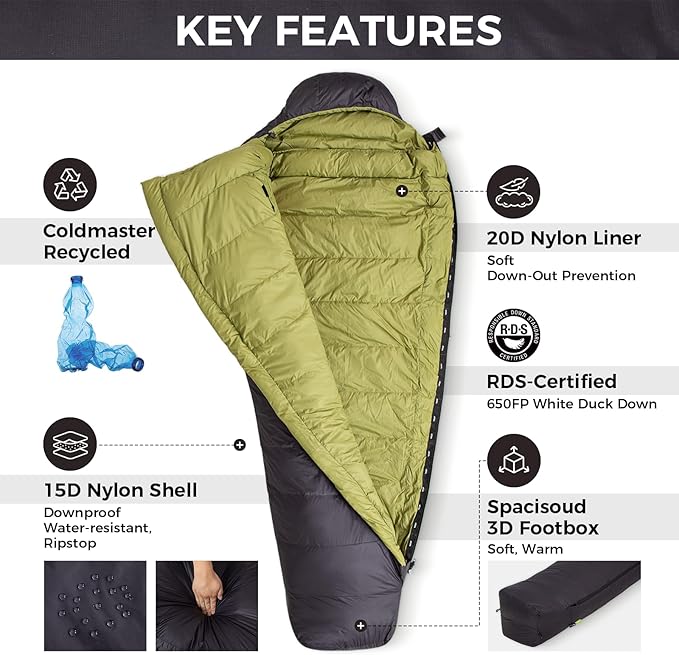 ATEPA Elements 450 Down Sleeping Bag for Adults, 700FP 42.8℉ Recycled Mummy Cold Weather Ultralight 3 Season Compact Packable Sleeping Bag with 15D Nylon Shell for Backpacking Camping Hiking