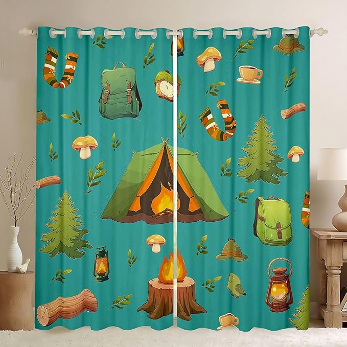 Feelyou Green RV Camping Camper Curtains for Bedroom Living Room Camping Theme Blackout Darkening Drapes Camper Window Treatments, 2 Panels 38 x 45 Inch Room Decor