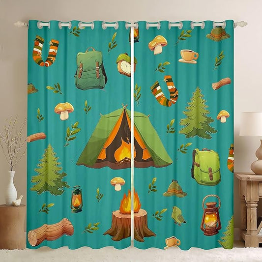 Feelyou Green RV Camping Camper Curtains for Bedroom Living Room Camping Theme Blackout Darkening Drapes Camper Window Treatments, 2 Panels 42 x 63 Inch Room Decor