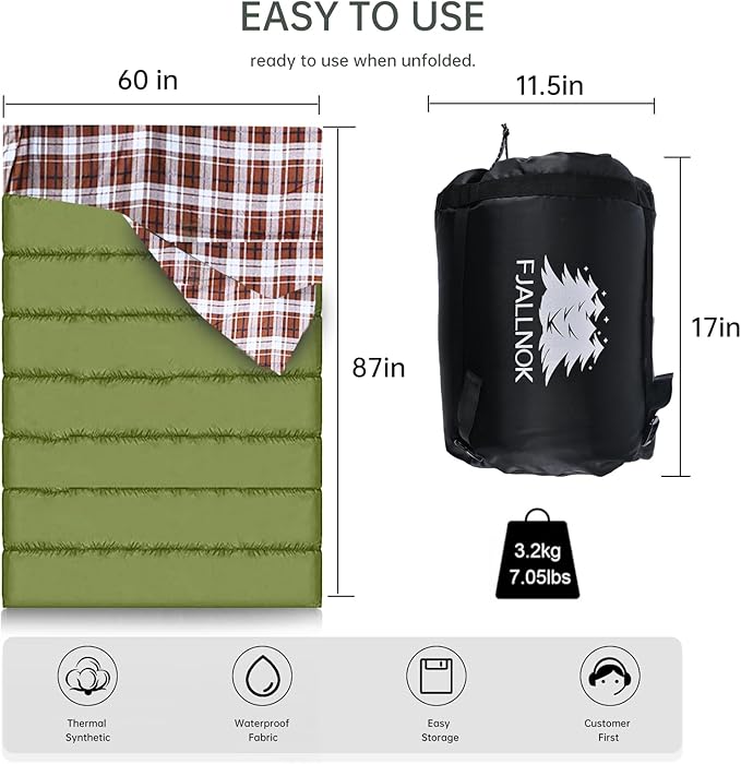 Double Sleeping Bag Cotton Flannel for Camping, Backpacking Or Hiking. Waterproof Queen Size Two Person Sleeping Bags for Adults Or Teens. Lightweight with Compression Sack