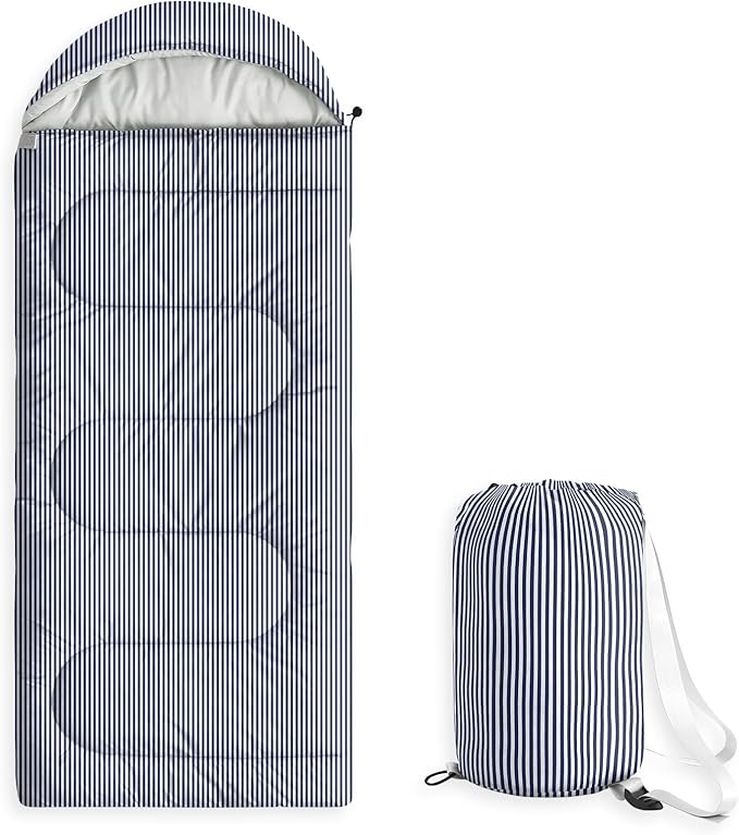Wake In Cloud - Kids Sleeping Bag for Boys Girls Toddlers, Camping in Warm Cold Weather, Backpacking Lightweight Compact Outdoor Liner for 3 Seasons, Farmhouse Ticking Stripe