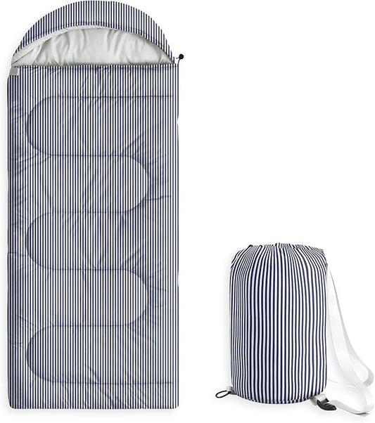 Wake In Cloud - Kids Sleeping Bag for Boys Girls Toddlers, Camping in Warm Cold Weather, Backpacking Lightweight Compact Outdoor Liner for 3 Seasons, Farmhouse Ticking Stripe