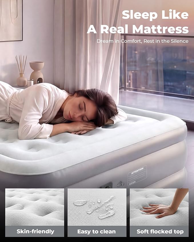 Air Mattress Full with Built in Pump,18'' Raised Inflatable Blow Up Air Bed, 3 Mins Quick Self-Inflation/Deflation Inflatable Bed for Guests & Home, Outdoor Camping and Travel (Gray)