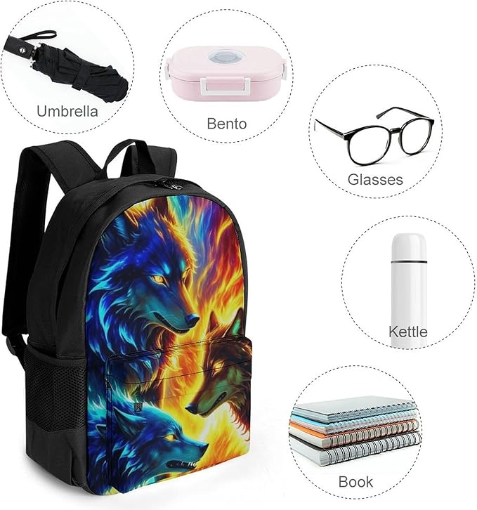 Supdreamc Men Women Lightweight Ice And Fire Flaming Cool Wolf Casual Daypack Big Capacity Bookbag With Padded Straps for Gym Travel Walking Cycling