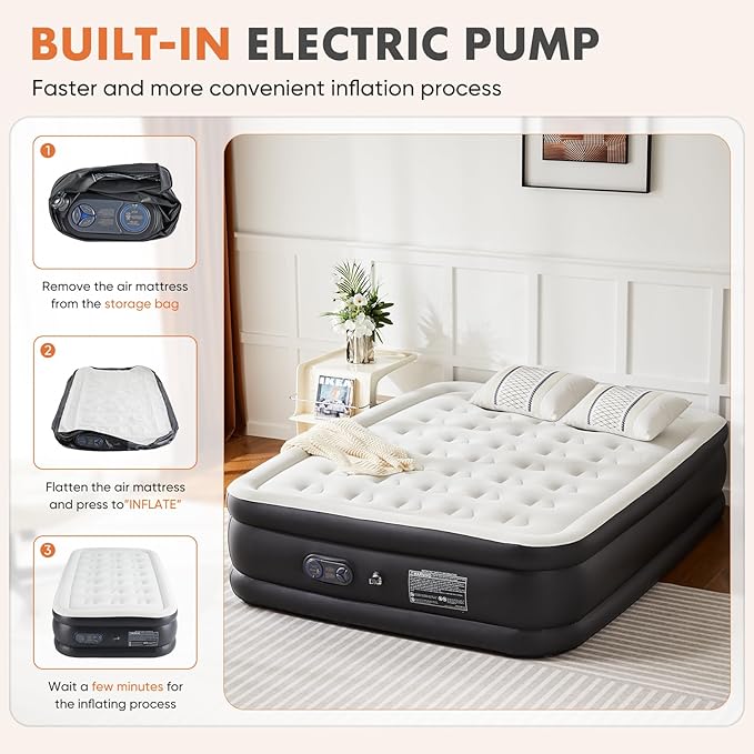 Elevon Air Mattress with Built in Pump - Luxury Double High Inflatable Bed for Home, Travel & Camping, Navy/White, Twin, 18" High