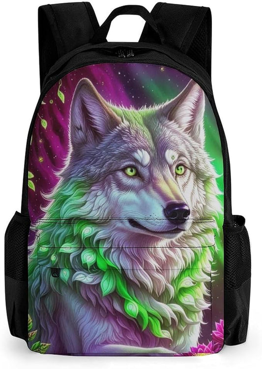Daypack Anti-Theft Multipurpose Large Capacity Shoulder Bag, Starry Sky Colorful Wolf Leaf Art Travel Hiking Camping Rucksack With Smooth Zippers