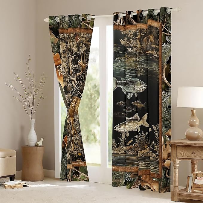 Manfei Camo Deer Wildlife Kids Blackout Curtains,Fishing Rustic Adventure Flowers Leaf Window Drapes,Camo Dead Branch Animal Farmhouse Nursery Bedroom Playroom Decor,Army Green 2 Panels,38Wx54L inch