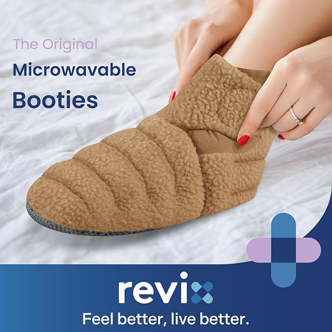 REVIX Microwaveable Booties and Feet Warmers, Microwaveable Foot Warmers with Adjustable Fit & Non-Slip, Microwavable Socks Heated Booties for Women and Men, Mocha L