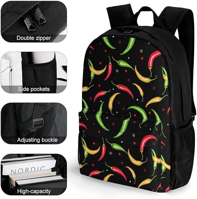 Supdreamc Polyester Daypack Backpack for Trekking Picnic Walking Cycling, Large Capacity Anti-Theft Multipurpose Shoulder Bag, Red Green Chili Pepper Casual Daypack