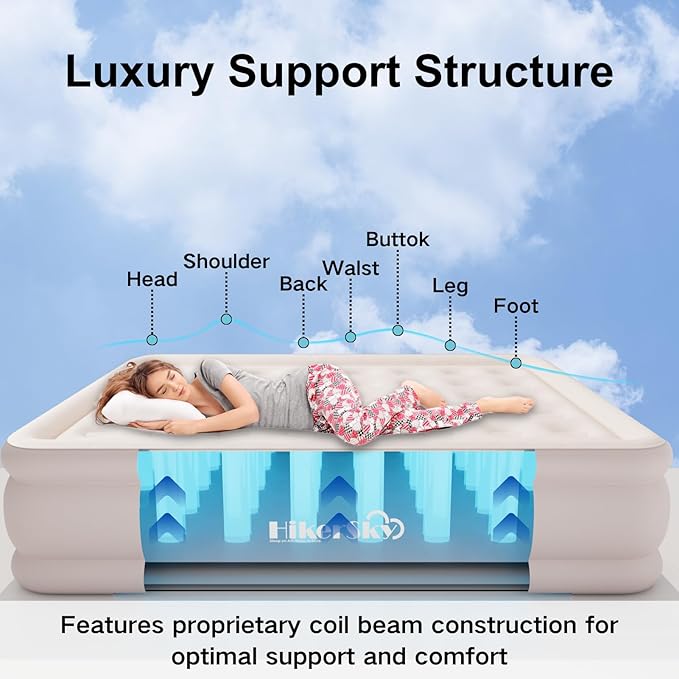 Queen Air Mattress with Built-in Pump, Single Blow up Air Bed with Portable Storage Bag, Suitable for Home and Guests, Top Flocking, 18" Queen Khaki