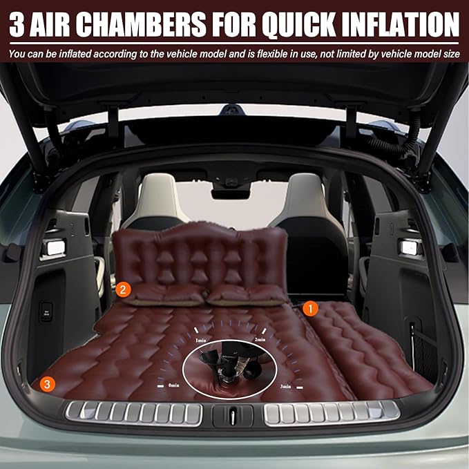 Car Air Mattress for SUV & Camping – Inflatable Backseat Mattress Bed with 2 Pillows Thickened Portable Sleeping Pad for Travel, Home, Trucks, RV – Soft Flocking + PVC Surface (Brown)