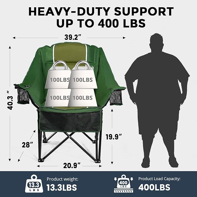 Oversized Camping Chair for Large Adults Heavy Duty 400 lbs Capacity, Comfortable Padded Folding Lawn Chair with Back & Headrest Support and Cup Holder, Portable Outdoor Chair with Carry Bag