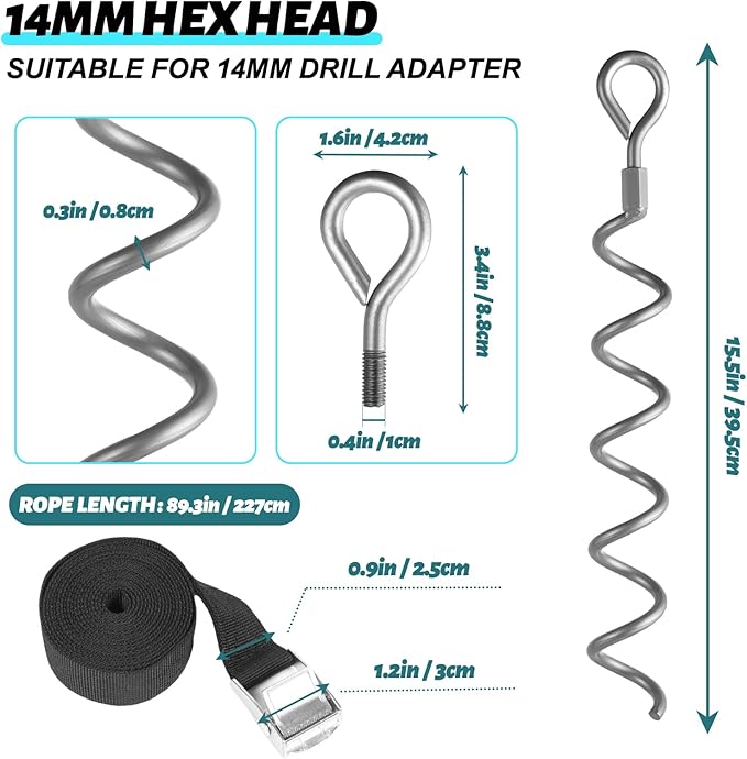 XYADA 15.5 inch Spiral Ground Anchors,6 Packs Heavy Duty Earth Anchors Screw in Spiral Stakes - Shed Anchor Kit for Trampoline, Tent,Garden Fence, Dog Run,Sheds, Swings, Canopies(Silver)