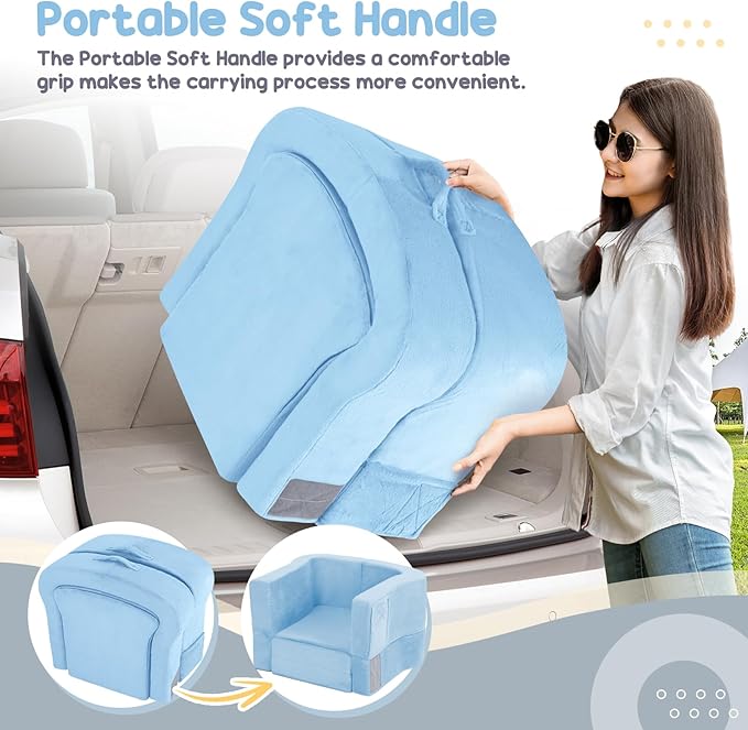 Toddler Travel Bed, 2-in-1 Foldable Portable Toddler Bed Sofa Chair, Soft Baby Kids Travel Floor Cot with Washable Covers Safety Foam Raised Bumper for Camping Hotel Sleeping (Blue)