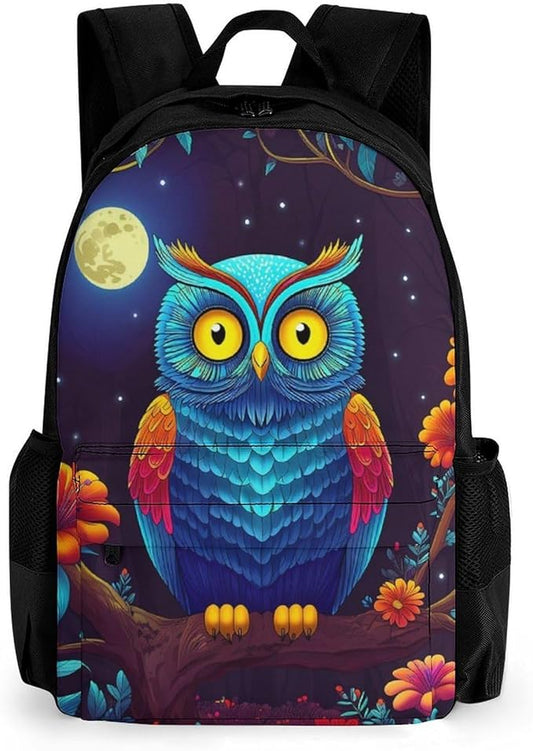 Supdreamc Lightweight Daypack Backpack for Trekking Work Running, Big Capacity Multipurpose Anti-Theft Bookbag, Trippy Owl Red Floral Moon Art Business Computer Bag