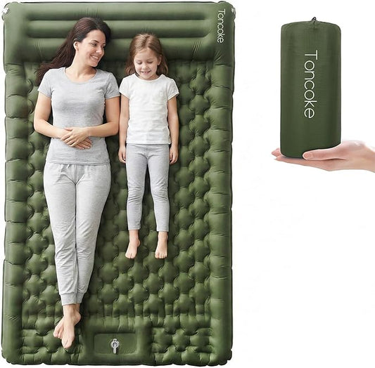 5.1" Thick Double Sleeping Pad with Foot Pump & Pillow, 77.5x53.9 2-Person Air Mattress for Camping, Ultralight & Compact for Backpacking, Hiking, Car Travel，Military Green
