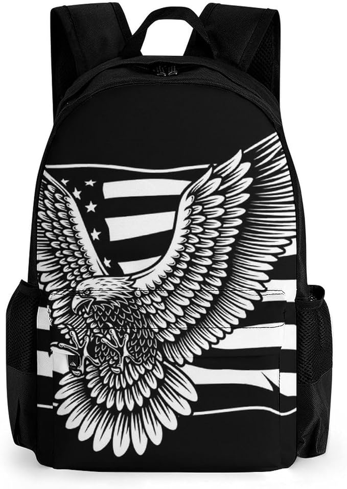 Shoulder Book Bags Anti-Theft Multipurpose Big Capacity Bookbag, Black And White American Flag Patriotic Usa Bald Eagle Pattern Travel Hiking Backpack With Smooth Zippers