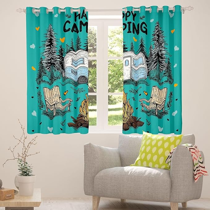 Feelyou Green Camping Camper Rv Blackout Curtains Rustic Farmhouse Camper Darkening Drapes for Bedroom Living Room Decor Happy Camping Thermal Insulated Shades Window Treatments, 2 Panels 52 x 90 Inch