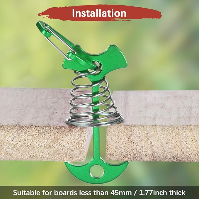 Fishbone Deck Anchor Pegs with Buckles [10PCS] - Aluminium Tent Stakes with Spring Buckle Use for Camping & Hiking - [Green] Windproof Tie Down Tent Stakes