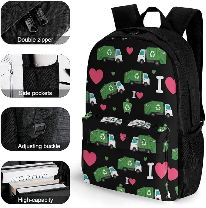 Shoulder Book Bags Polyester Multipurpose Anti-Theft I Heart Love Trash Garbage Trucks Black Carry On Bag Large Capacity Travel Hiking Camping Rucksack