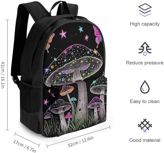 Men Women Polyester Trippy Mushroom Butterflies Glowing Psychedelic Art Daypack Big Capacity Shoulder Bag With Adjustable Shoulder Straps for Camping Travel Walking Cycling