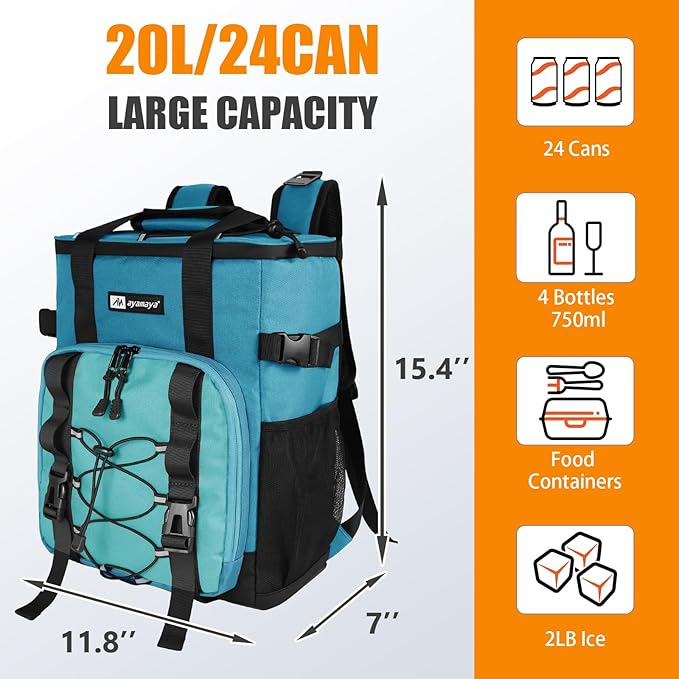 Cooler Backpack, AYAMAYA 24 Cans Insulated Lunch Backpack Cooler Leakproof, Keeps Hot/Cold for Up to 16 Hours, Lightweight Waterproof Beach Travel Camping Cooler Bag for Men and Women