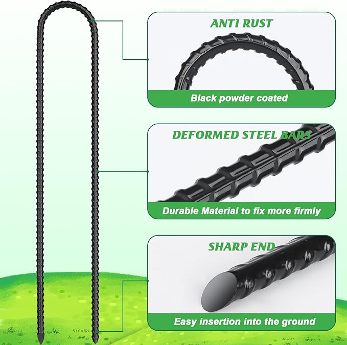 Gtongoko Trampolines Wind Stakes 16 Pack 16 Inch, 0.3 Inch Thick Heavy Duty U Shaped Rebar Tent Stakes Ground Anchors Galvanized Steel Safety Trampoline Anchors for Camping Tents, Soccer Goals